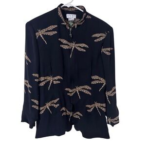 Vintage TAPP New York Black and Tan Silk long sleeve Blouse dragon fly print XL